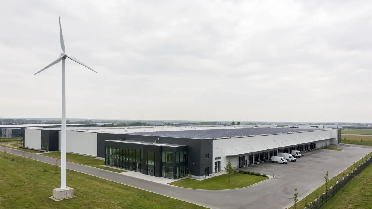 Kleinwindanlage und Solaranlage auf einer Logistikhalle im Gewerbegebiet