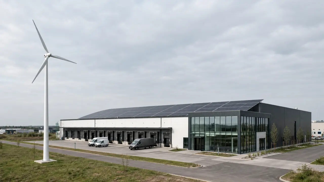 Gewerbehalle mit Windkraftanlage und Solardach – Förderprogramme für Unternehmen und Landwirte