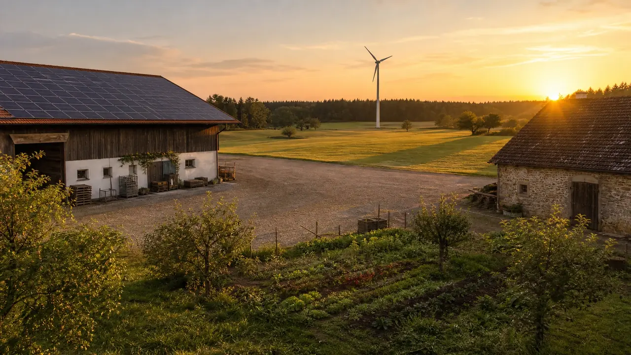 Bauernhof mit Stallgebäuden und Kleinwindanlage in der Abenddämmerung