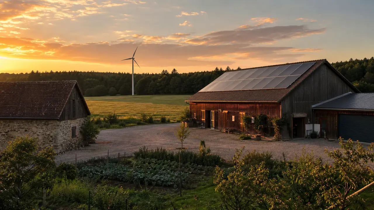 Bauernhof mit Solardach und Windkraftanlage in freier Anströmung am Feldrand