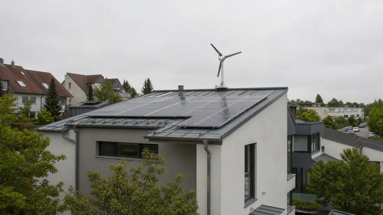 Kleinwindanlage auf Hausdach in Vorstadt