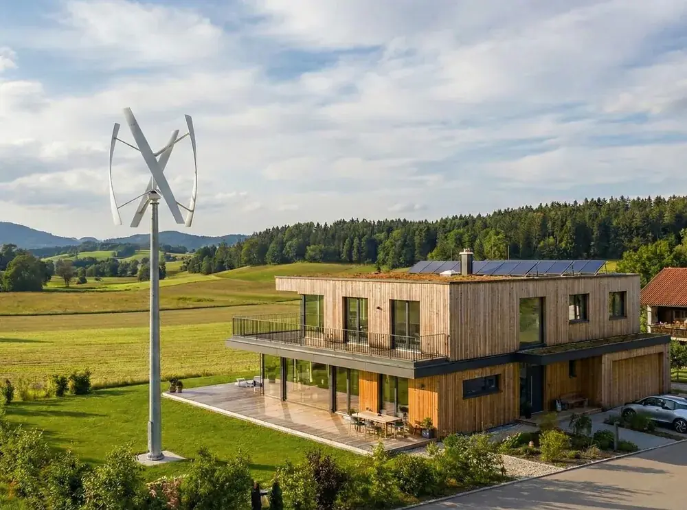 Vertikale Windanlage VAWT an Holzhaus im Abendlicht