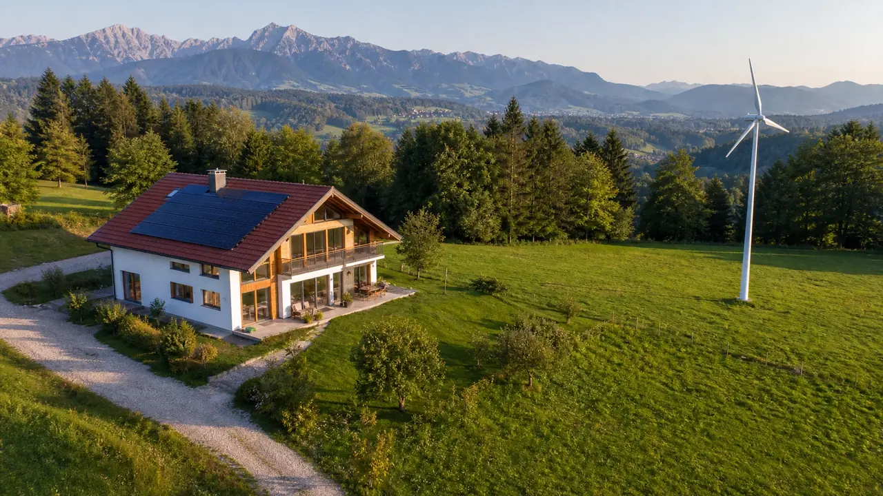Kleinwindanlage frei stehend auf einer Wiese neben einem Landhaus mit Solardach in Höhenlage, tief stehende Abendsonne und angrenzende Baumreihe