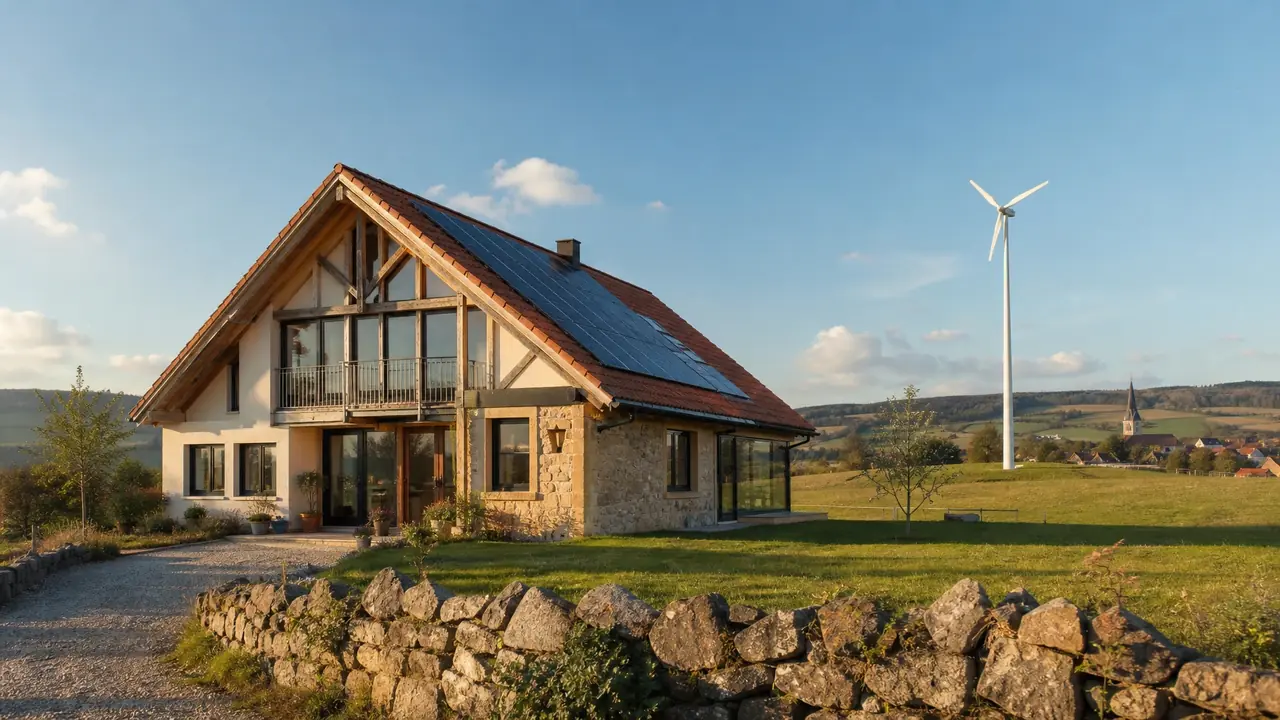 Landhaus mit Solardach am Ortsrand und Kleinwindanlage frei auf der offenen Anhöhe